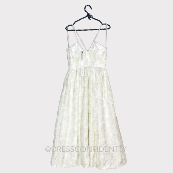 NWT MONIQUE LHUILLIER Spaghetti strap Metallic Jacquard Midi Dress - Ivory - Picture 11 of 16